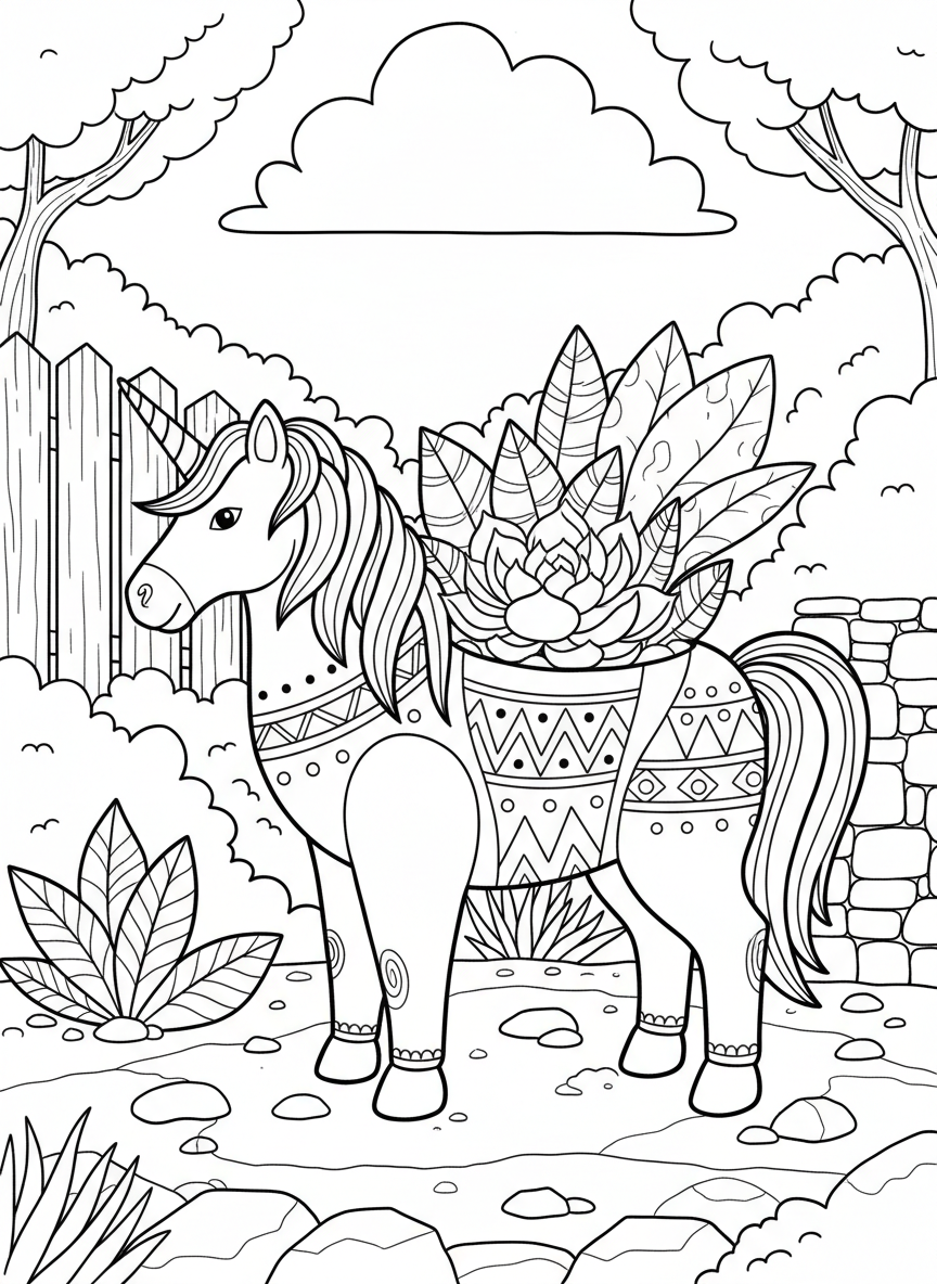 A ceramic unicorn planter with succulents growing from its back, simple geometric patterns along the sides, side view