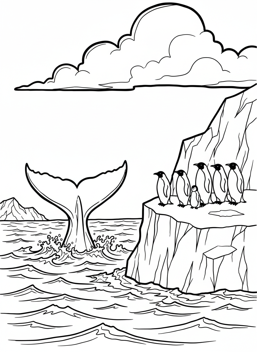 An orca whale tail emerging from Antarctic waters with penguins safely watching from an iceberg in the distance.