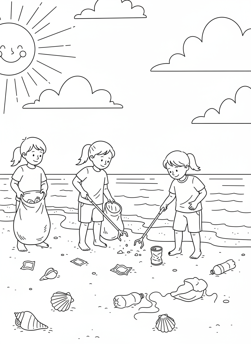 Kids collecting litter with grabber tools and bags at a beach, with seashells, waves, and a happy sun in the background.