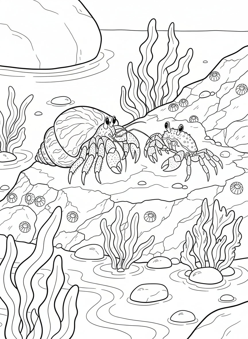 A hermit crab meeting a regular shore crab on a rock, with tide pools and seaweed in the background.