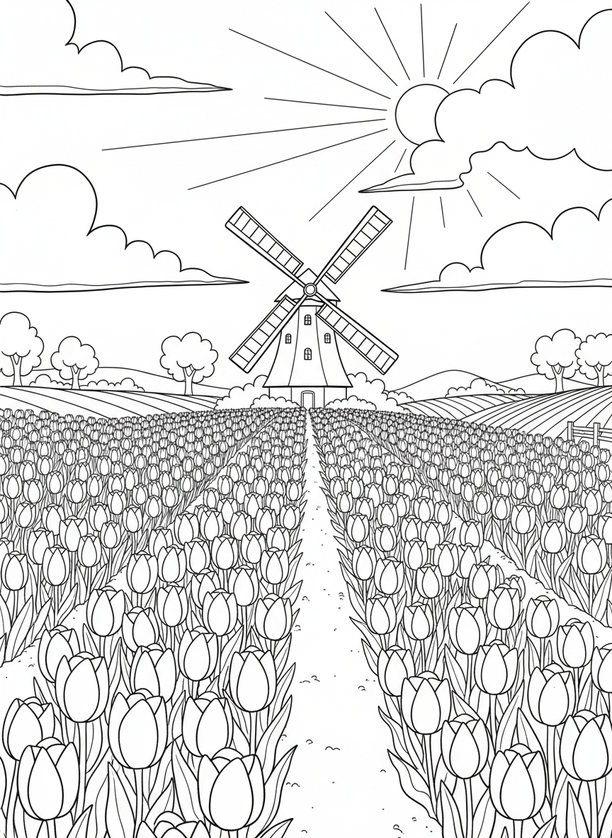 A wide tulip field scene with rows of different tulip flowers stretching toward a distant windmill on the horizon under a sunny sky.