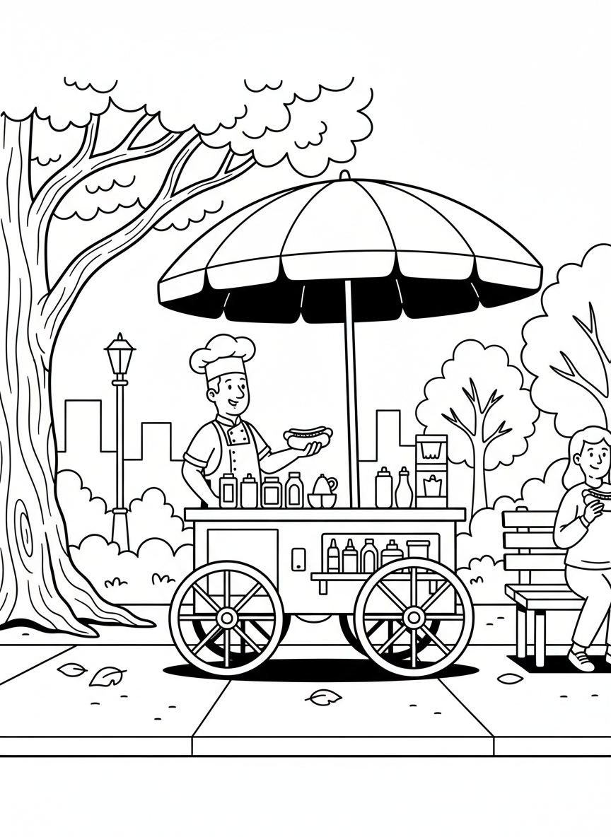 A hot dog cart vendor in a park setting with trees, umbrella, and friendly vendor character, classic New York street food scene.