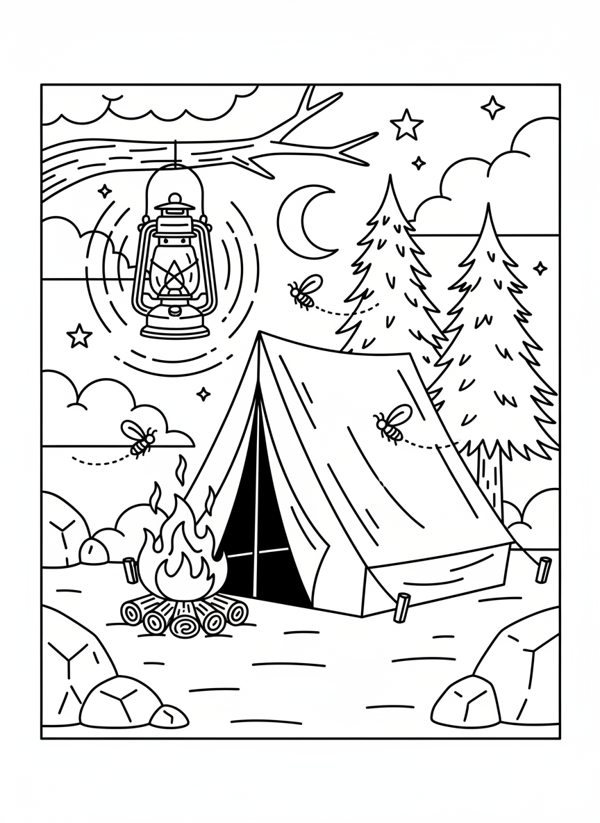 A nighttime camping scene with a glowing lantern hanging from a tree branch, tent in background, fireflies floating around.