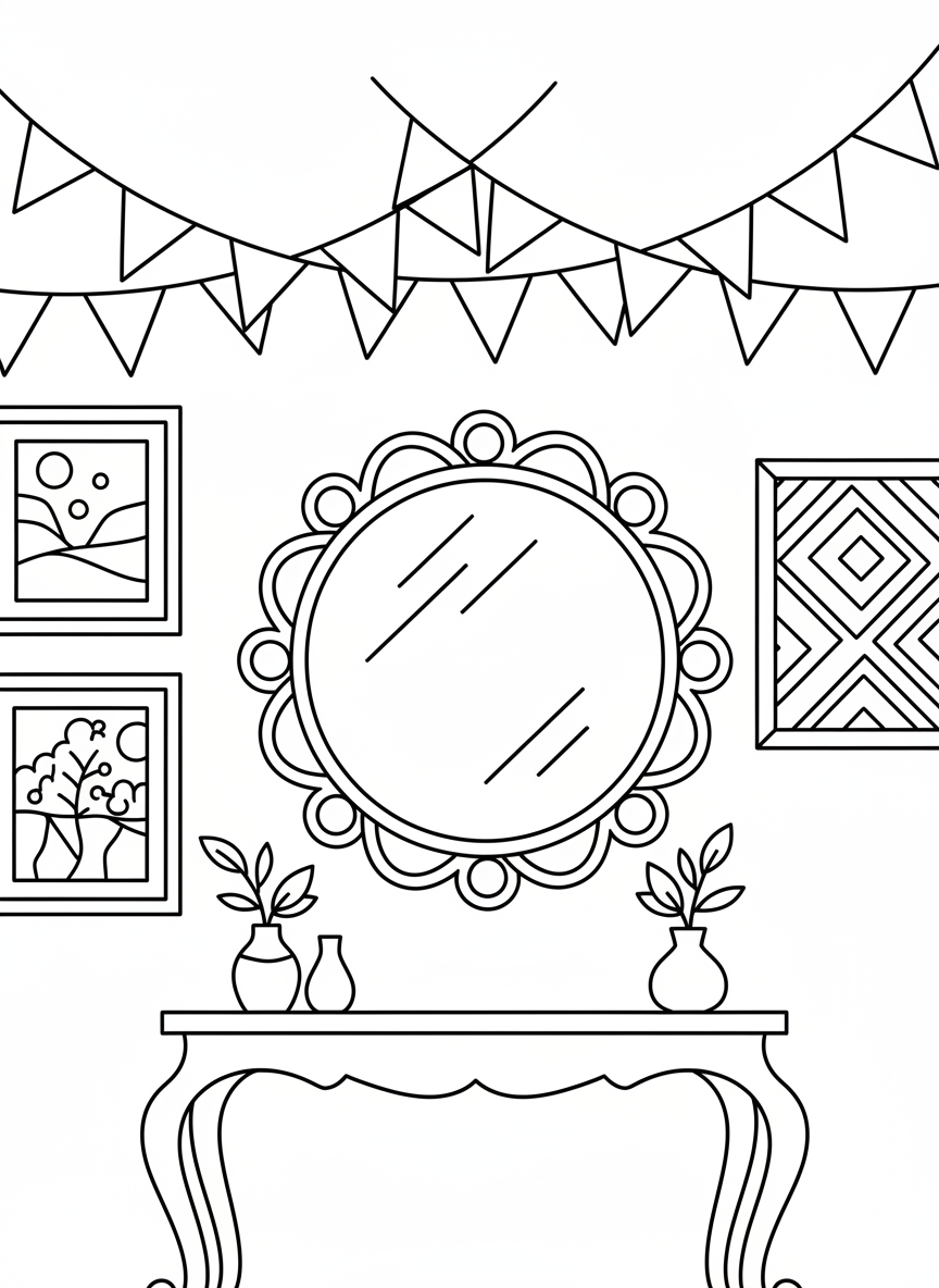 A wall decorated with framed artwork, a decorative mirror, and hanging garland with pennant flags