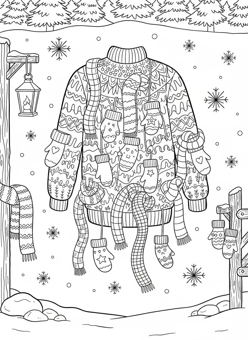 A festive sweater covered in multiple pairs of mittens and scarves hanging in different directions, with snowflake accents throughout.