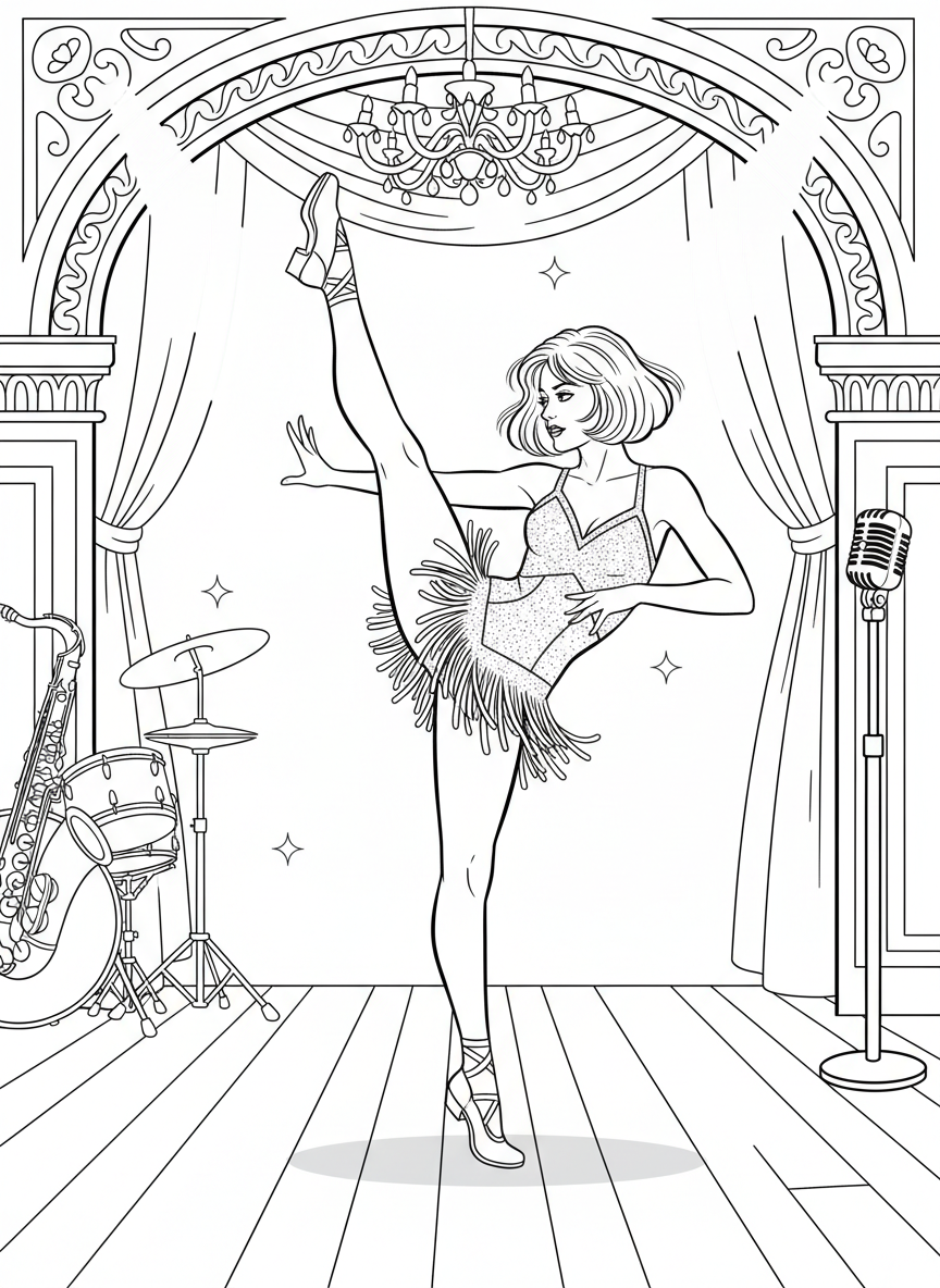 A jazz dancer in a dynamic pose with one leg kicked high, wearing a sparkly costume and jazz shoes.