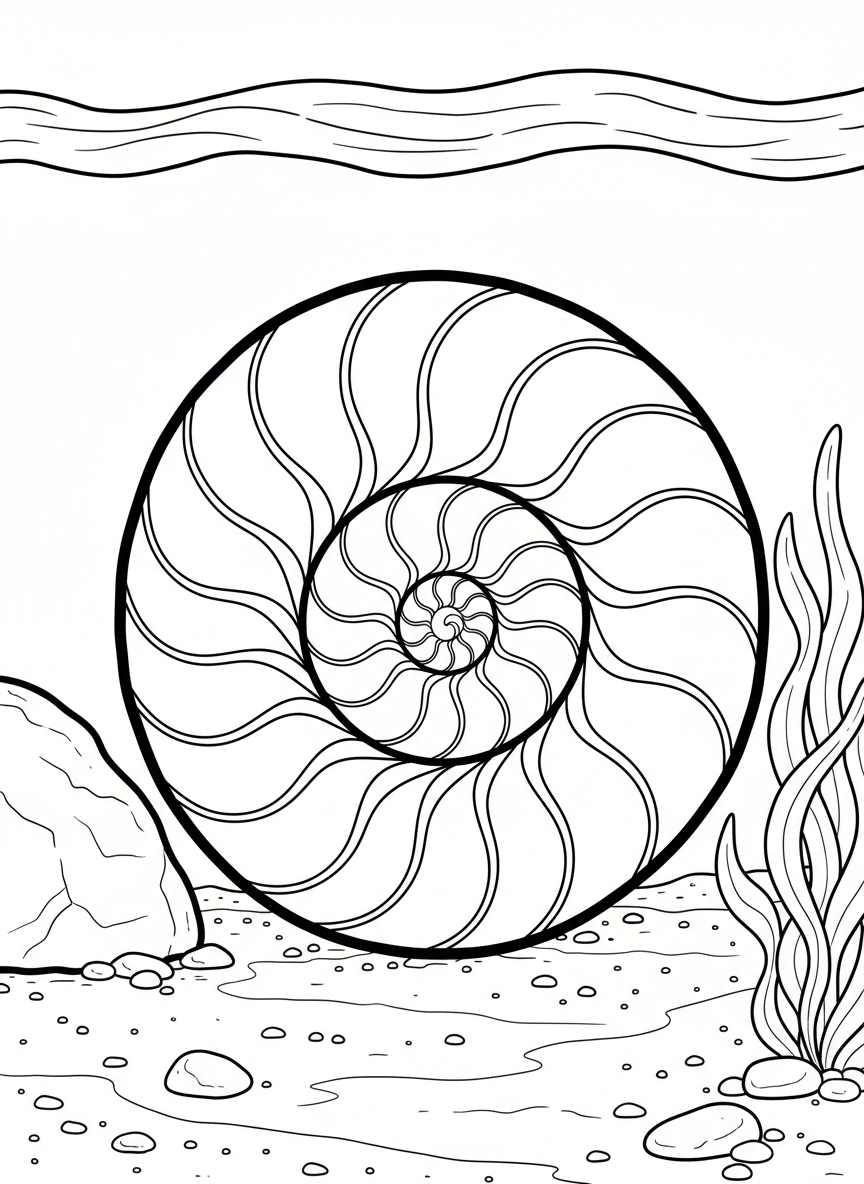 A large spiral nautilus shell with detailed chambers visible in cross-section, resting on sandy ocean floor with small pebbles around it.