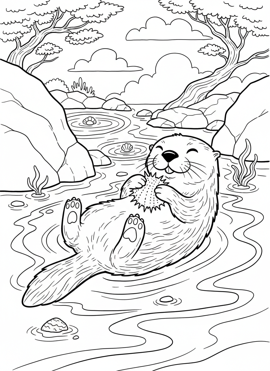 A playful sea otter floating on its back in shallow water near tide pools, holding a sea urchin on its belly.