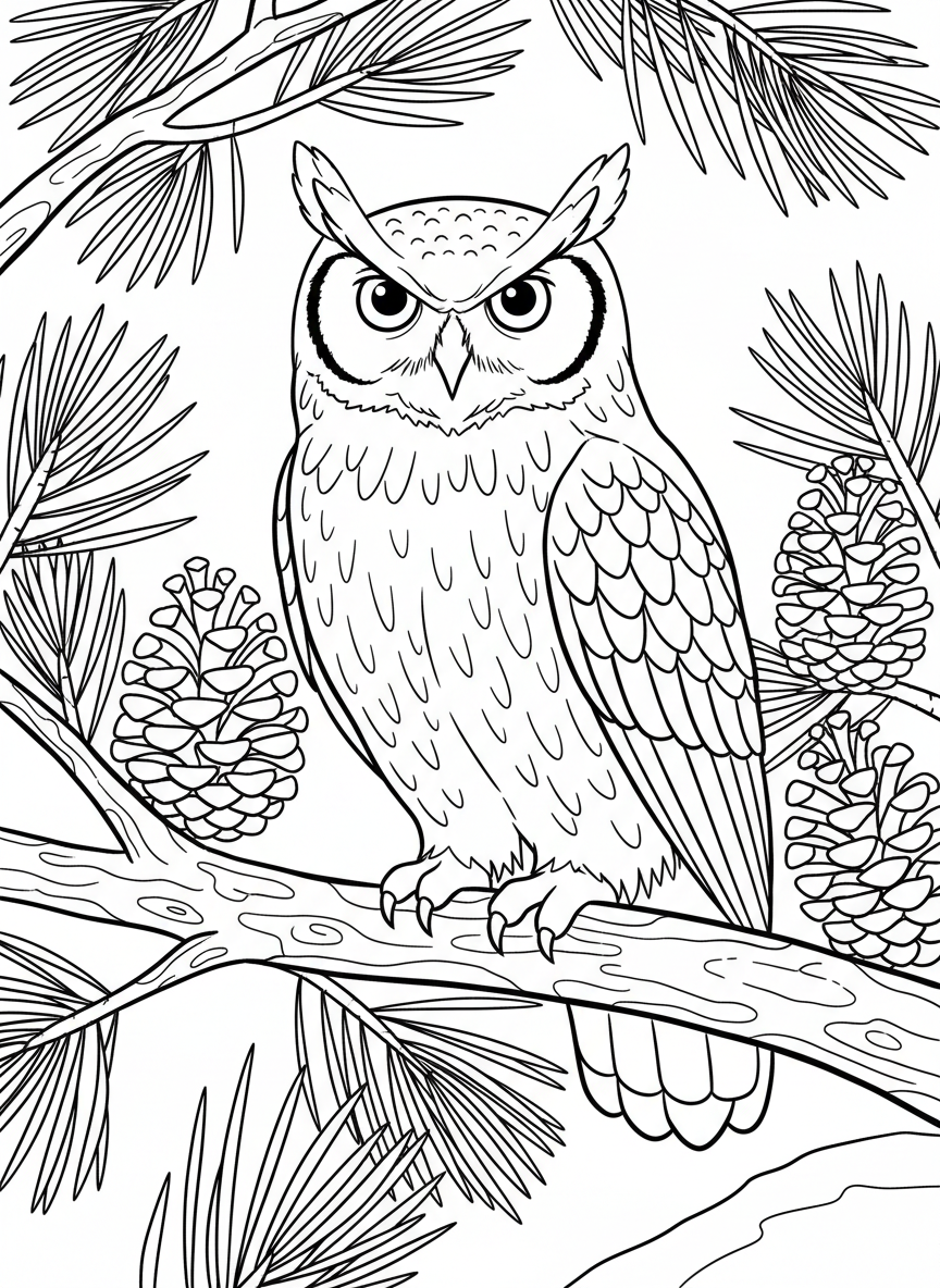 A great horned owl sitting on a pine branch with detailed feather tufts on its head, surrounded by pine cones.