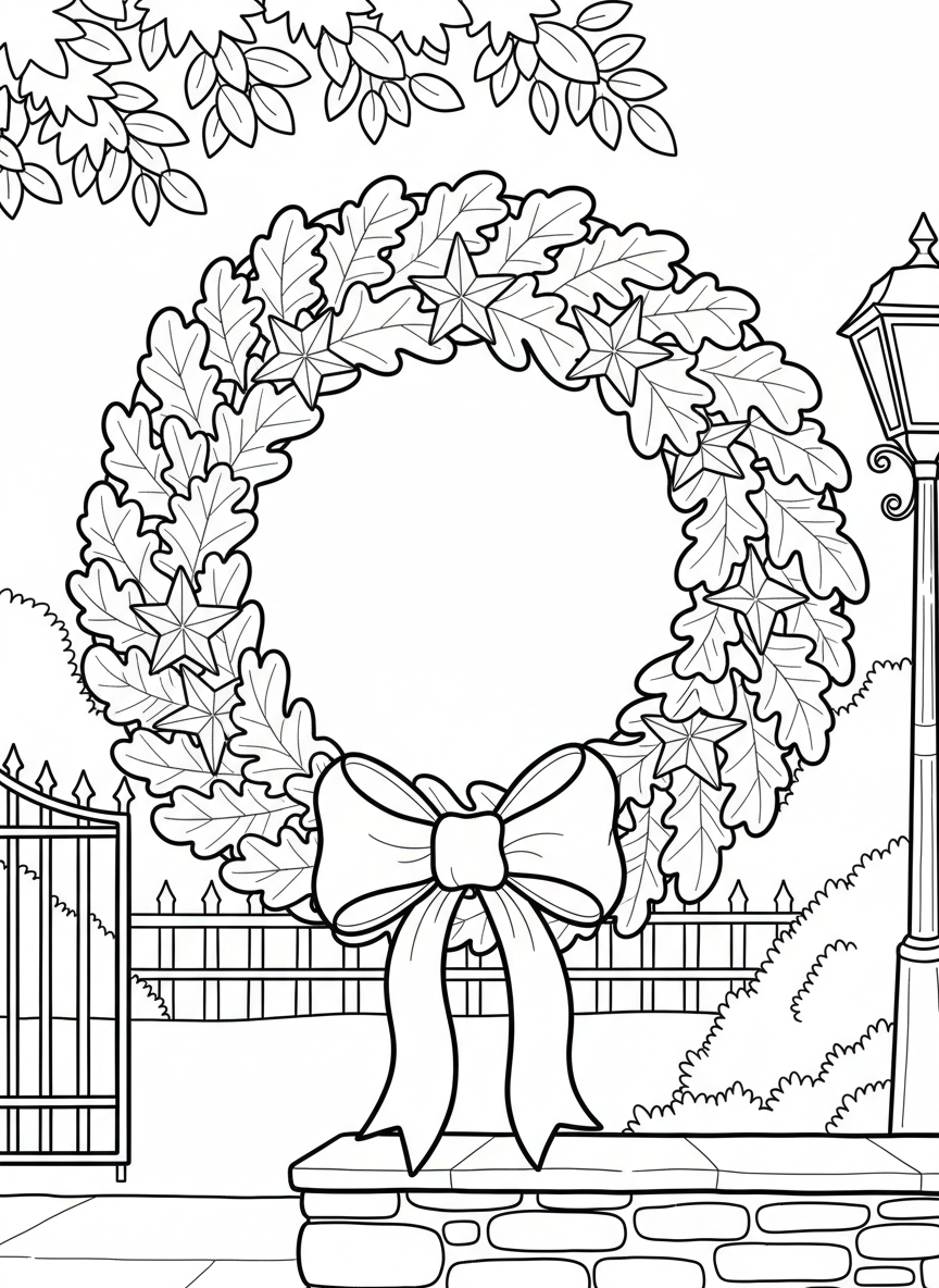 A patriotic wreath made of stars, stripes, and oak leaves with a bow at the bottom, decorative circular design