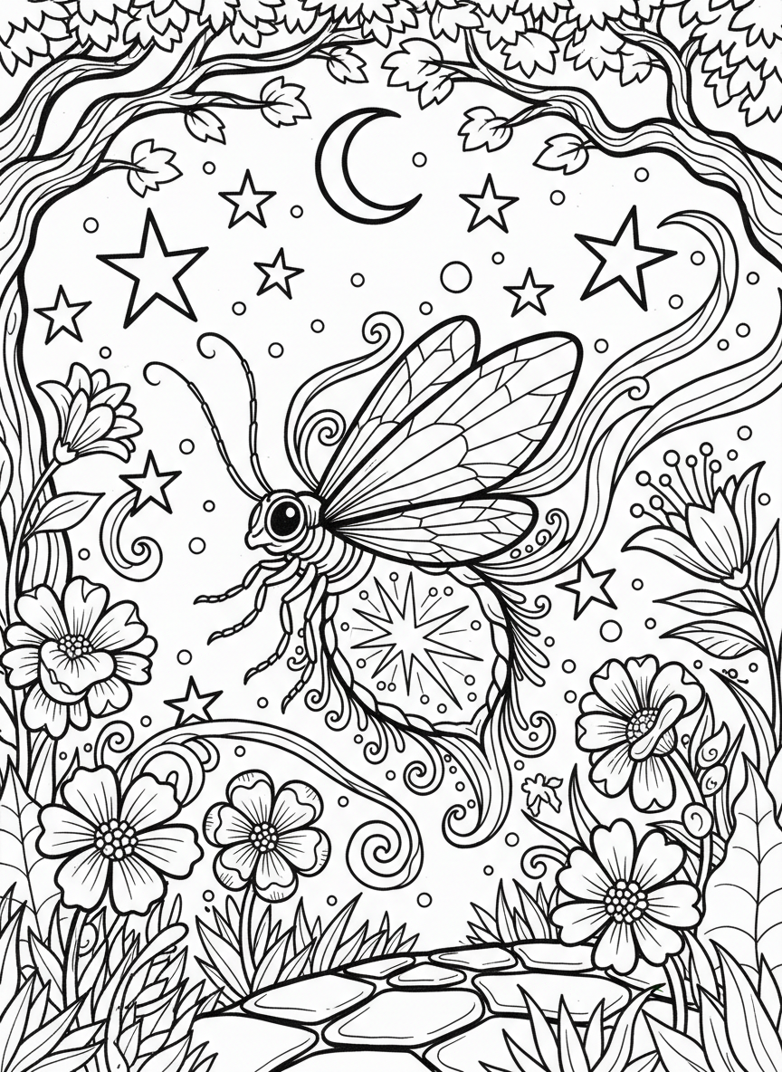 A firefly glowing in a nighttime garden scene with stars above and flowers below, magical outdoor atmosphere.