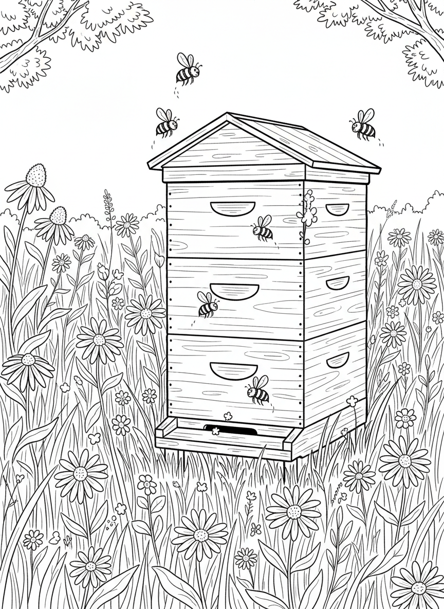 A wooden beehive box sitting in a meadow full of wildflowers, with bees flying in and out of the entrance.