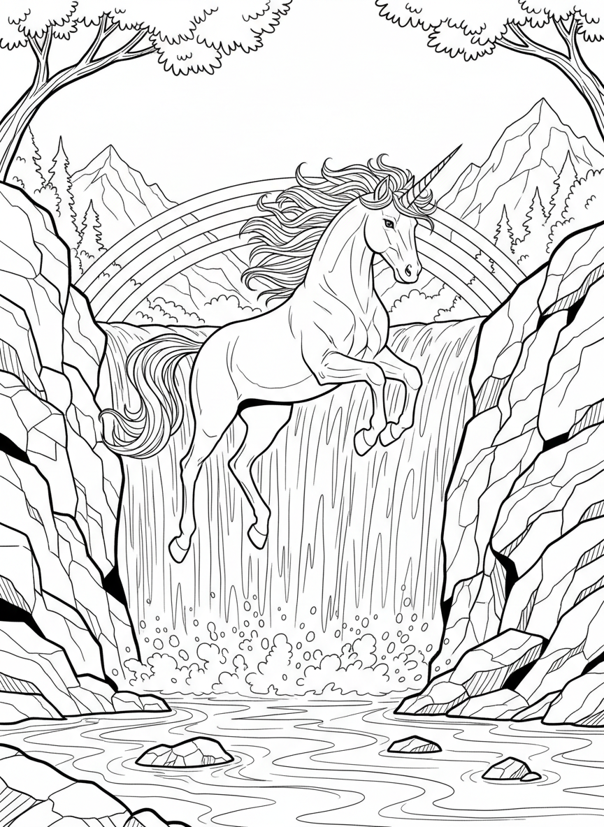 A unicorn leaping over a waterfall with rainbows in the mist, adventurous outdoor scene with rocks