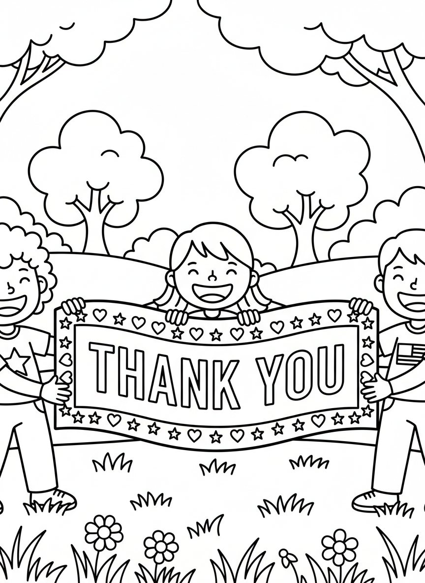 A thank you banner held by smiling children with stars, hearts, and patriotic symbols decorating the border.