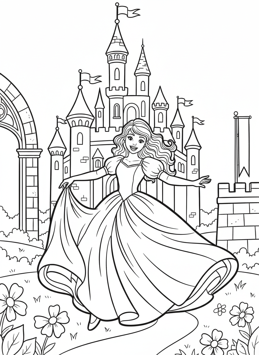 A cheerful princess with long flowing hair wearing a ball gown, standing in front of a grand castle with towers and flags