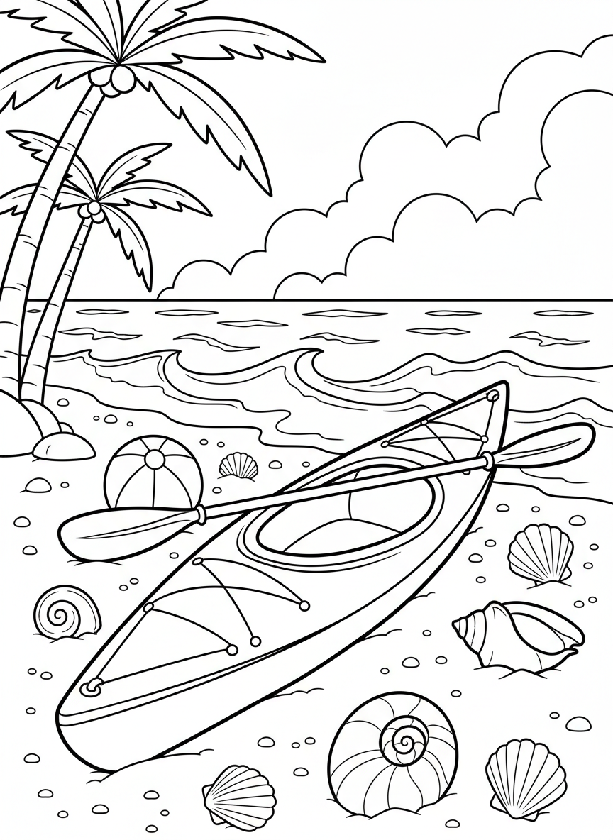 A kayak with a paddle resting across it, beached on sandy shore with seashells and a beach ball nearby.