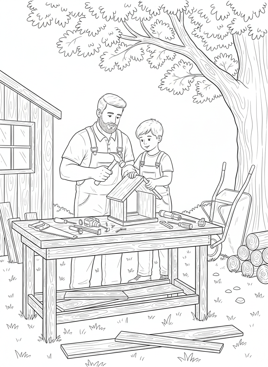 A father and child building a birdhouse together at a workbench with wood planks and tools scattered around
