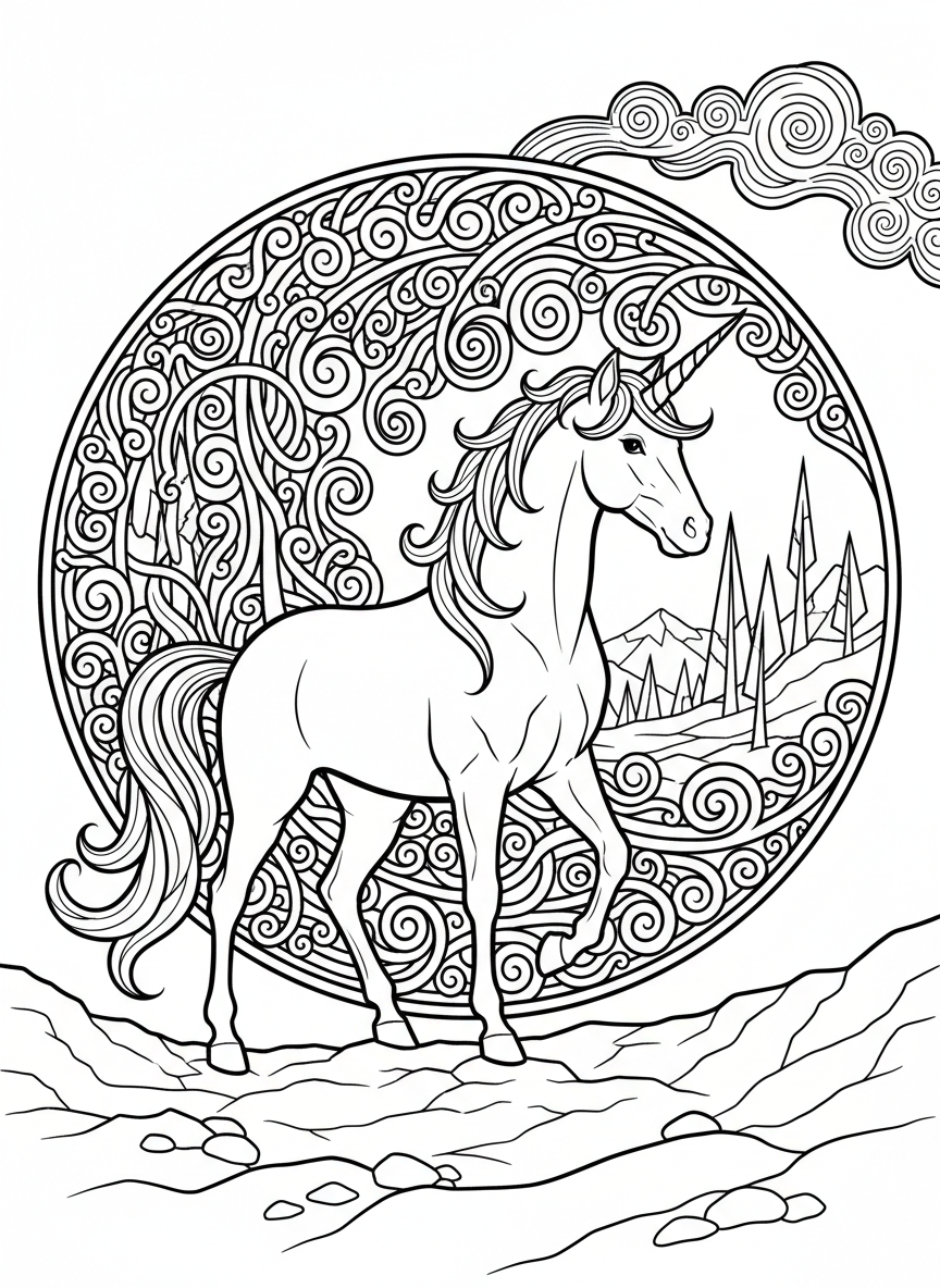 A unicorn standing at the edge of a magical portal with swirling patterns, leading to another realm.