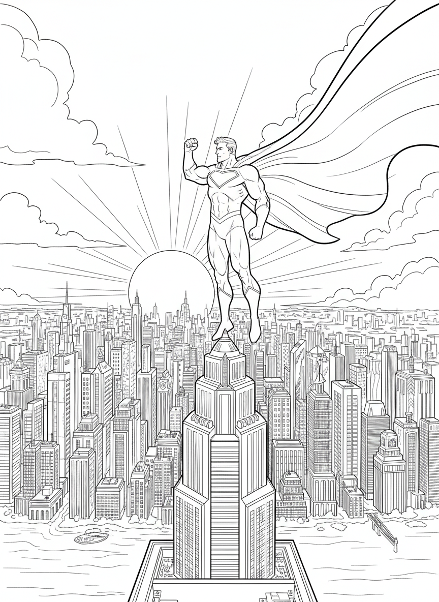 A superhero with a cape standing on top of a building at sunset, looking over the city, inspirational pose