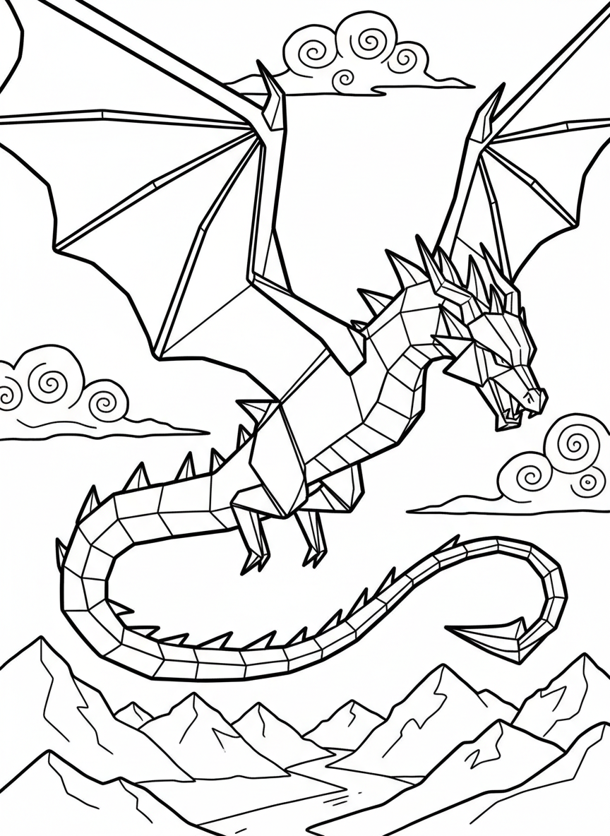 A detailed origami dragon with angular wings spread wide, geometric spikes along its back, and a long segmented tail in a flying pose.