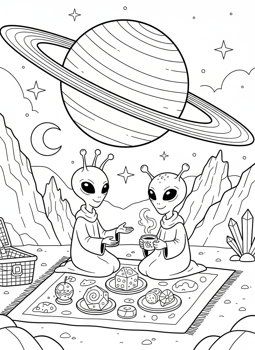 Two friendly aliens having a picnic on a distant planet, sitting on a blanket with space food and a ringed planet visible in the sky