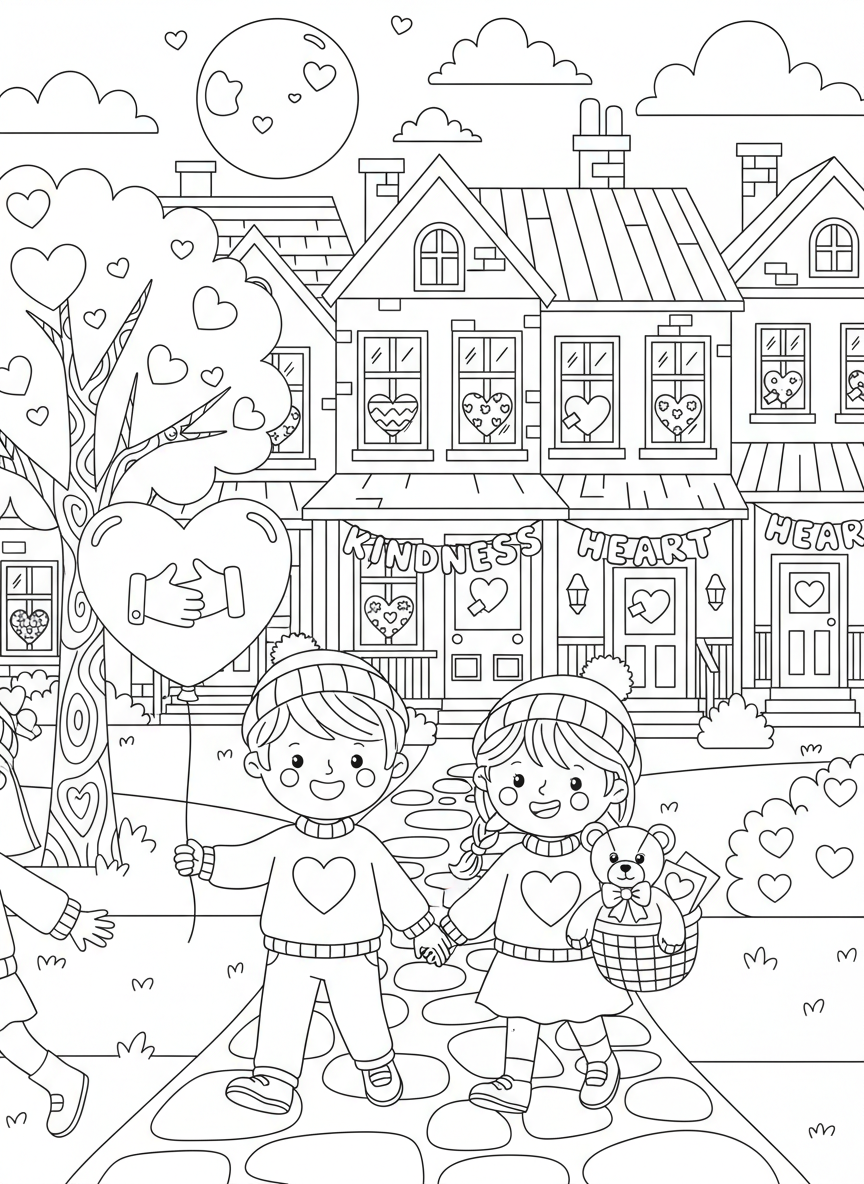 Valentines Day coloring page prompts celebrating love, connection, kindness, and heartfelt moments.	A neighborhood scene with Valentine decorations in windows, creating a cheerful and loving atmosphere.