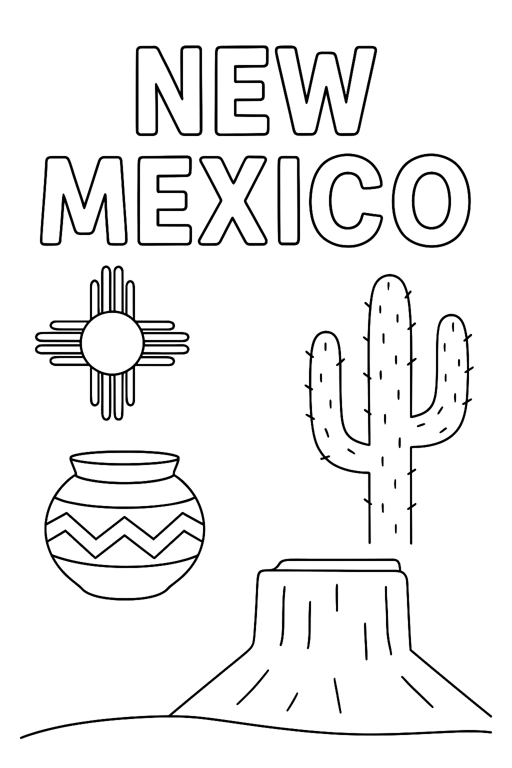 Write “New Mexico” once at the top in outlined letters. Make the outline large and centered. Add one zia sun, one pot, one cactus, and one mesa in corners.
