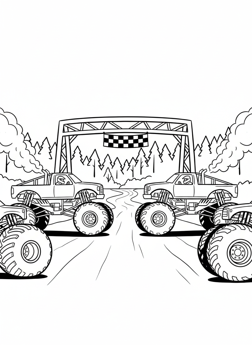 Two monster trucks facing each other before a race, engines revving at the starting line