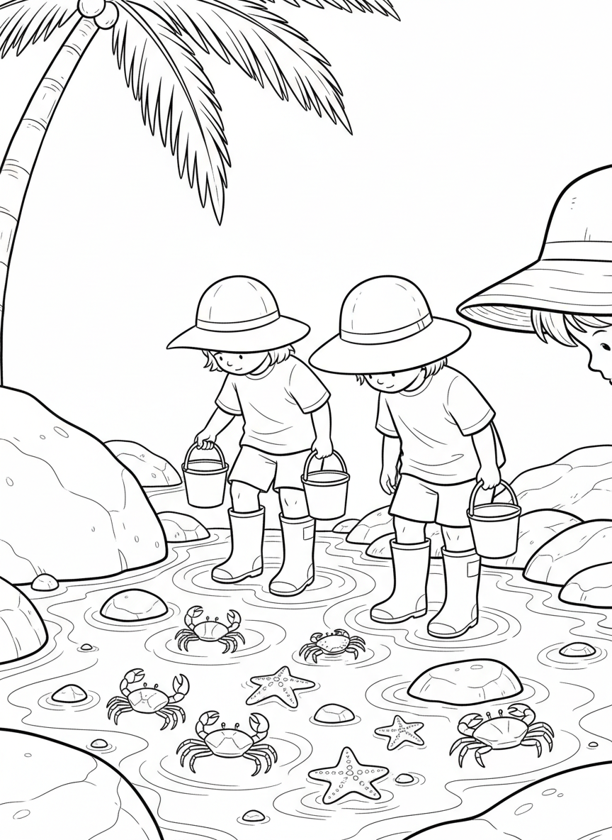 Two children with buckets exploring a tide pool, looking down at crabs and starfish, wearing sun hats and boots.