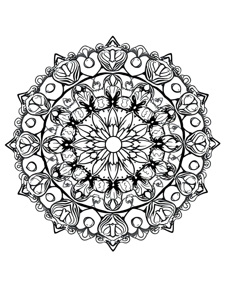 simple mandala: Ocean Waves: A circular pattern featuring easy-to-color waves, fish, and seashells repeating around the center.