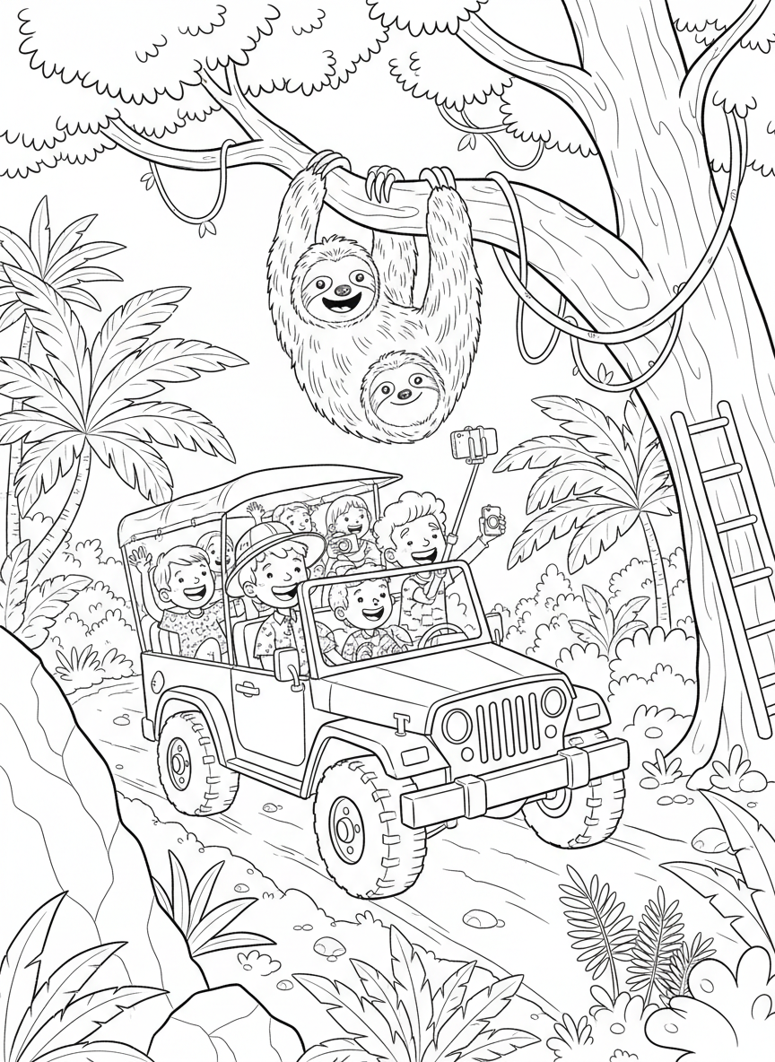 Children on a safari jeep taking photos of a sloth hanging from a tree branch, fun adventure moment.