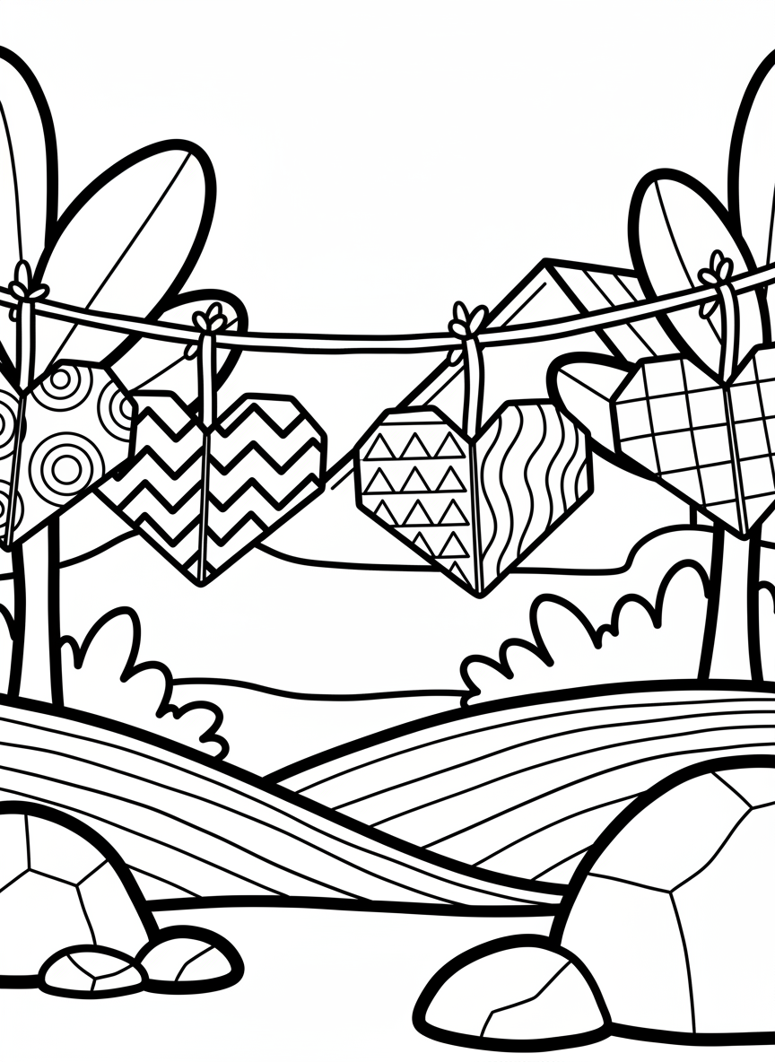 An origami heart garland with five hearts connected by a string, each heart featuring different simple patterns like zigzags and circles.