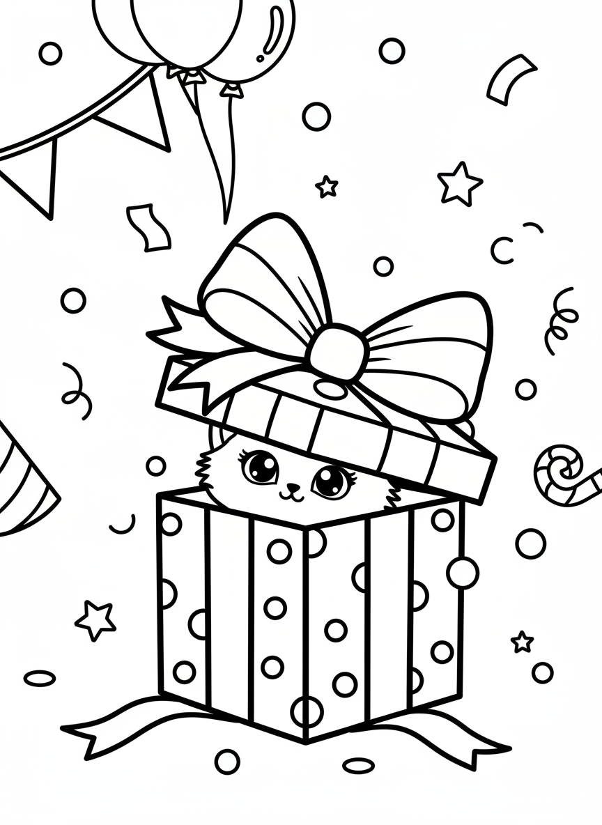 A cute kitten popping out of a gift box with a big bow on top, surrounded by confetti and party decorations.