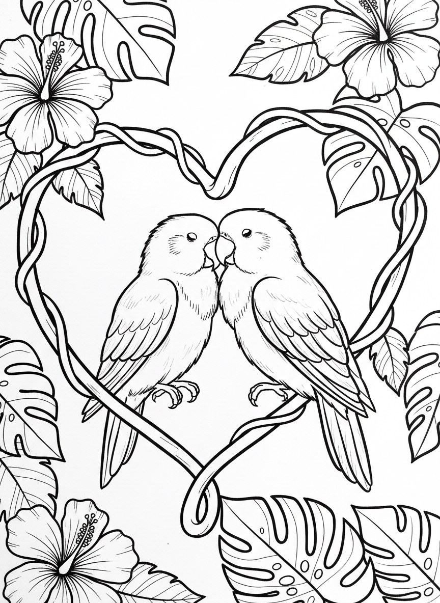 A pair of lovebirds cuddling together on a heart-shaped vine, surrounded by simple tropical flowers and leaves.