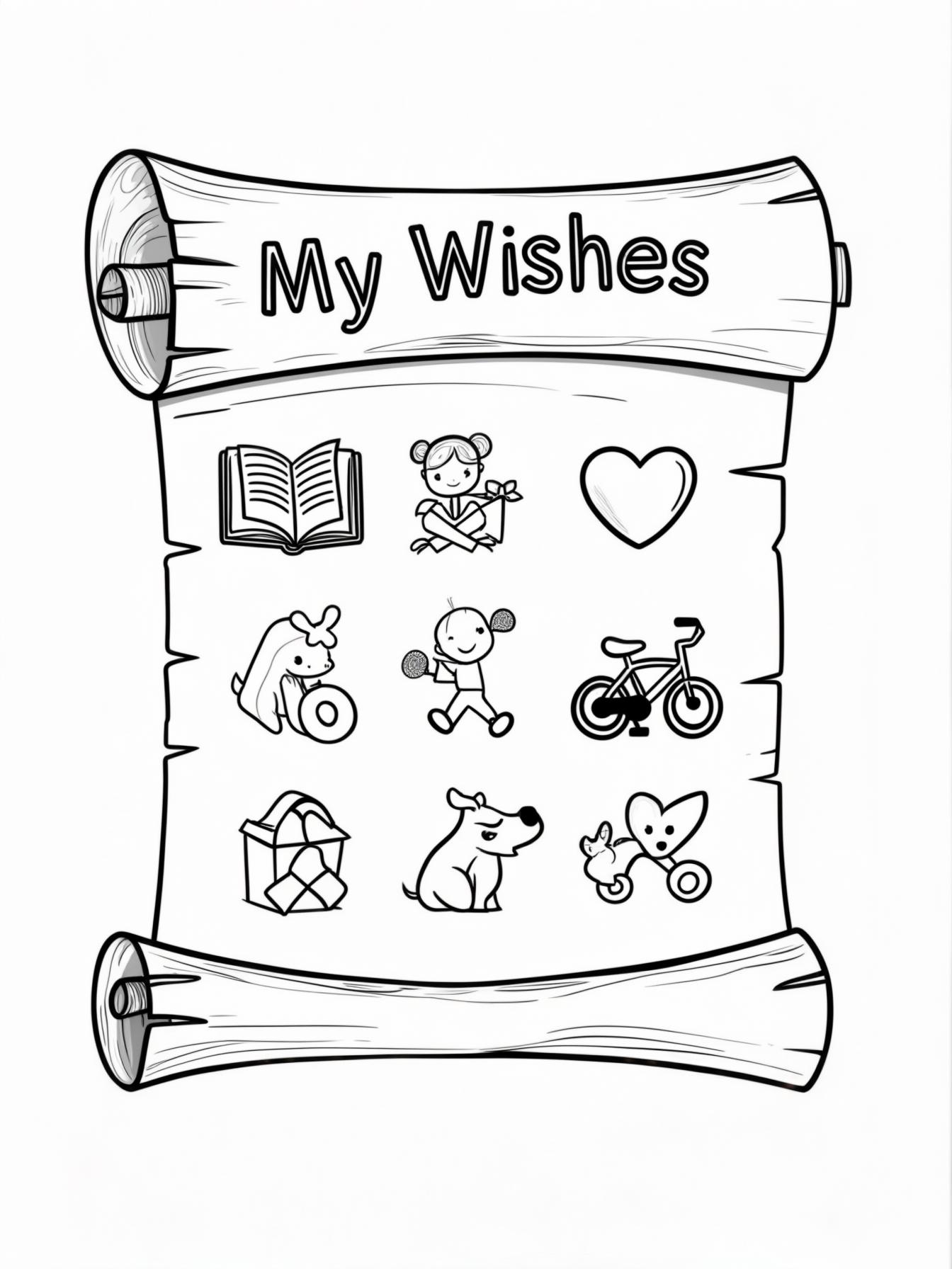 Resolution List: A whimsical scroll with the title "My Wishes" and cute icons for kids to color representing goals (a book for reading, a heart for kindness, a bicycle for play).