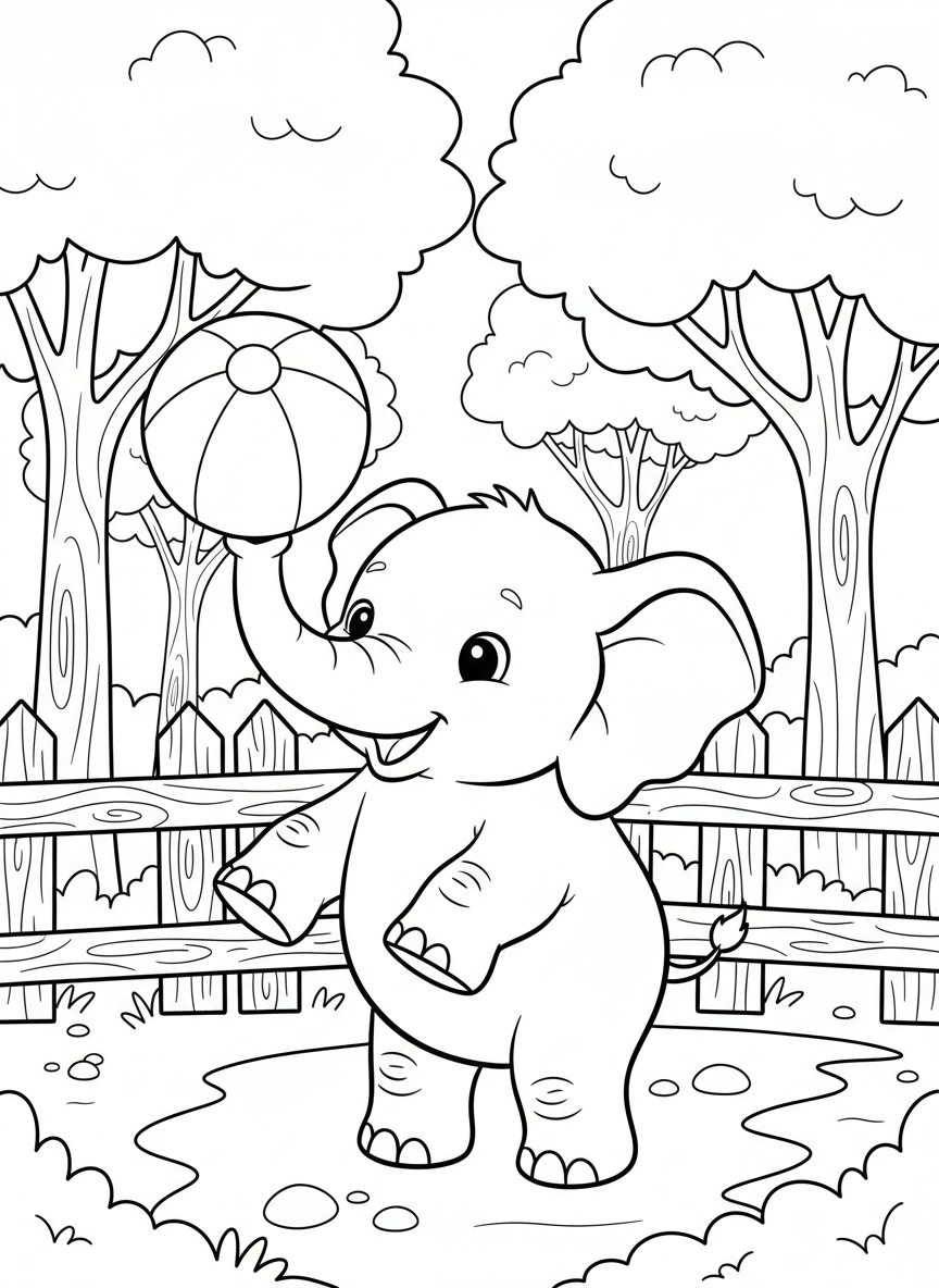 A cute elephant playing with a ball at the Oklahoma City Zoo, surrounded by trees and a fence, fun animal coloring page.