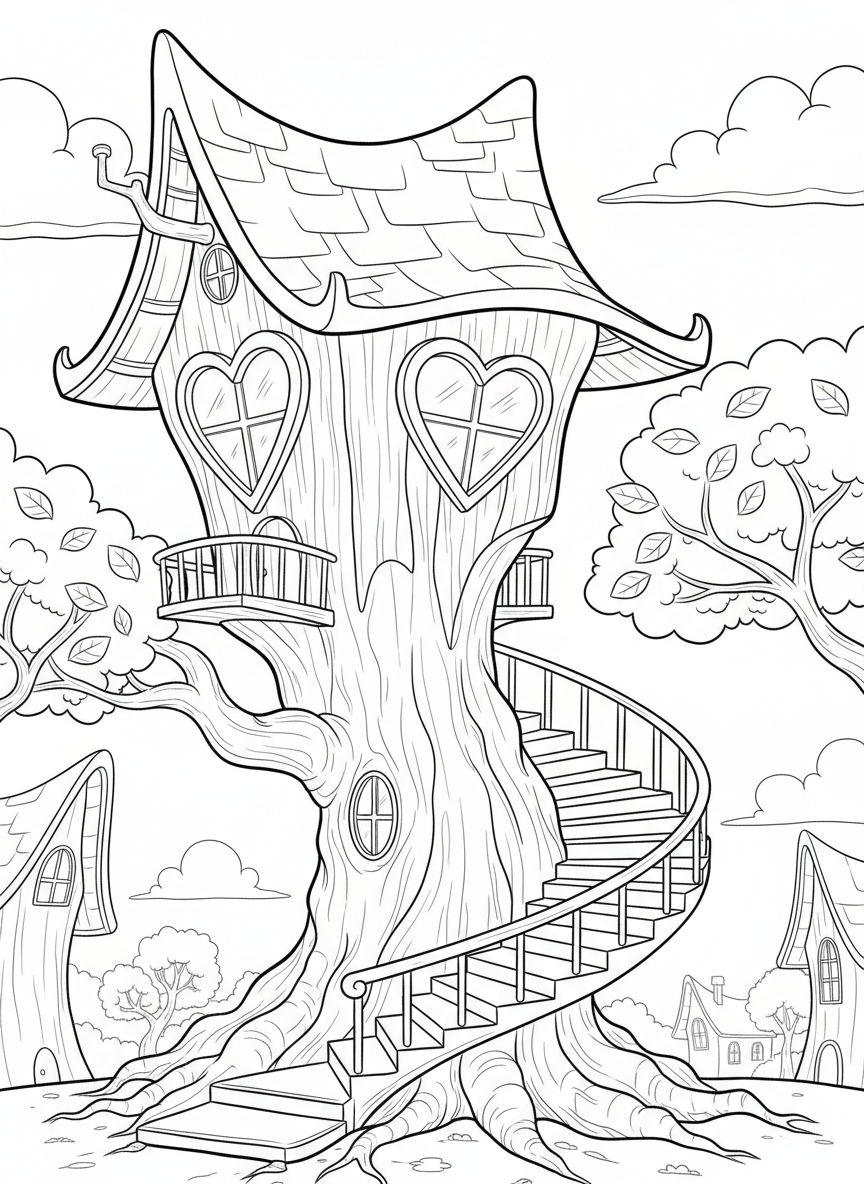 A fairy-tale style treehouse with a curved roof, heart-shaped windows, and a spiral staircase wrapping around the trunk.