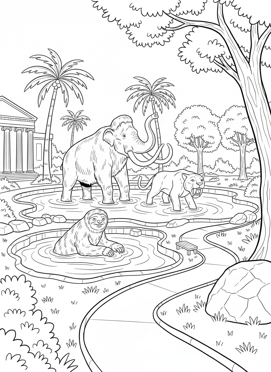 The La Brea Tar Pits with prehistoric animal statues including a mammoth, surrounded by park scenery