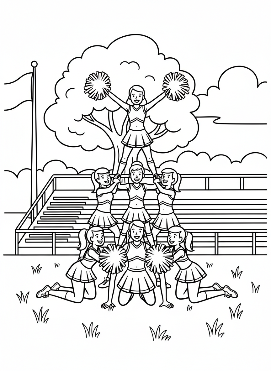 Cheerleaders with pom-poms forming a pyramid formation, wearing matching uniforms with pleated skirts, team spirit illustration