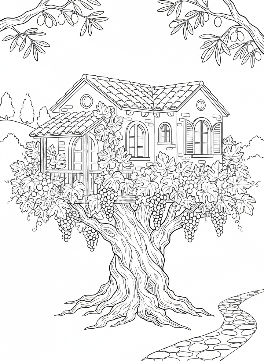 A Mediterranean villa-style treehouse with terracotta roof tiles, climbing grapevines, and shuttered windows, nestled in an ancient olive tree.