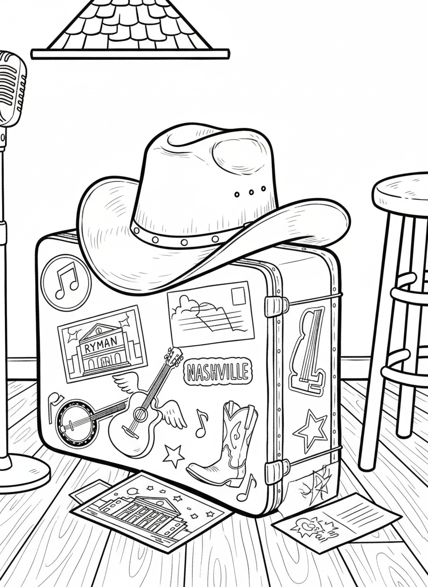 A cowboy hat resting on a guitar case, with Nashville postcards and stickers scattered around it.