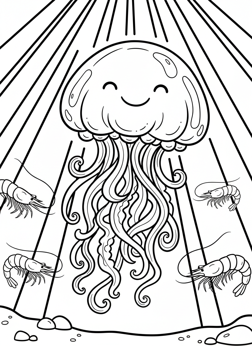 A cheerful jellyfish catching sunlight from above, with rays of light streaming through the water and creating patterns, small shrimp swimming nearby.