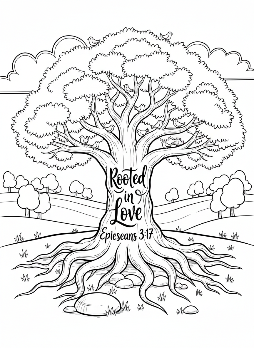 A tree with deep roots and full branches, birds perched on limbs, featuring 'Rooted in Love Ephesians 3:17' woven into the trunk