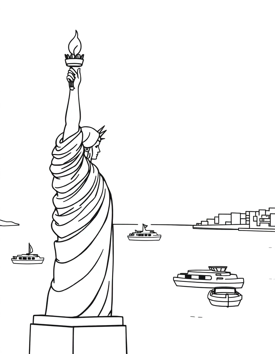 The Statue of Liberty holding her torch high as boats pass by in the harbor