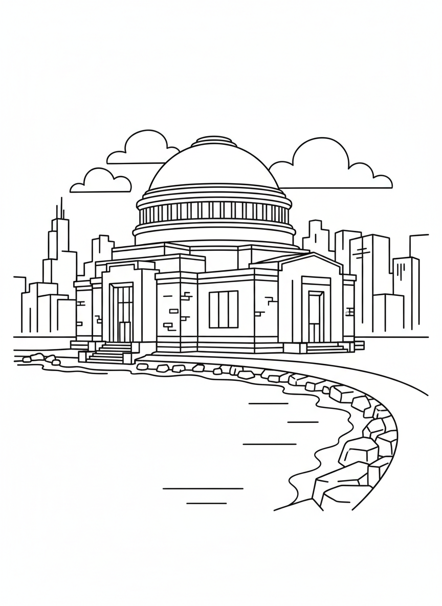 Adler Planetarium building with dome on top and Lake Michigan shoreline, simple geometric architecture