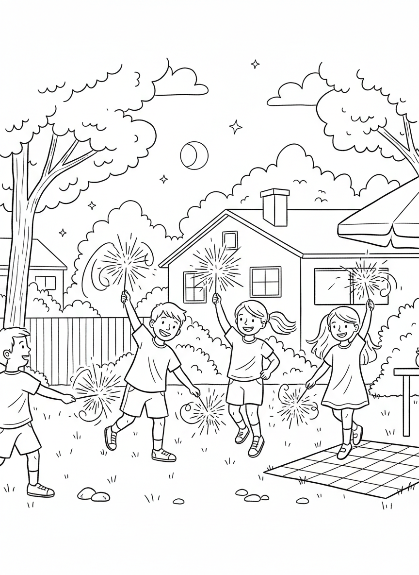 Children playing with sparklers in a backyard at dusk, safe celebration activity, joyful poses