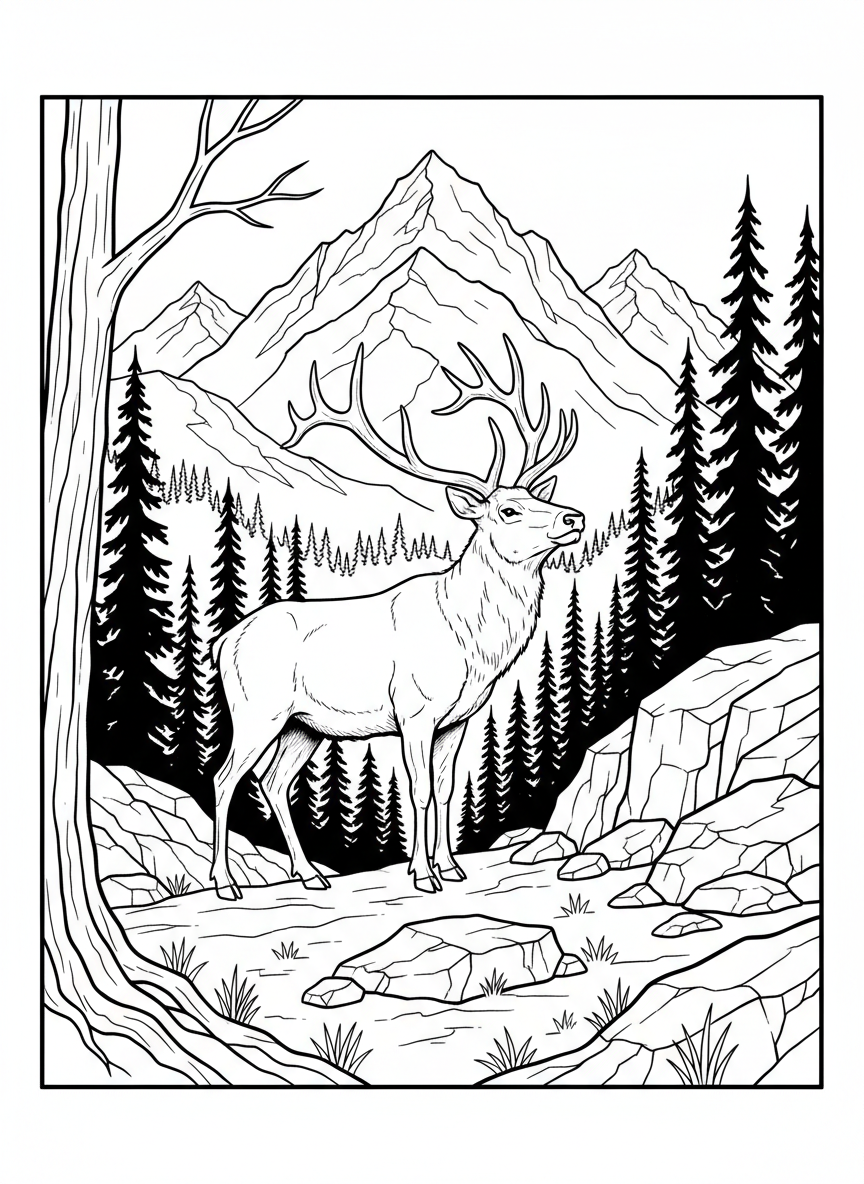A majestic elk standing on a hillside overlooking a forest valley, with mountains in the distance.