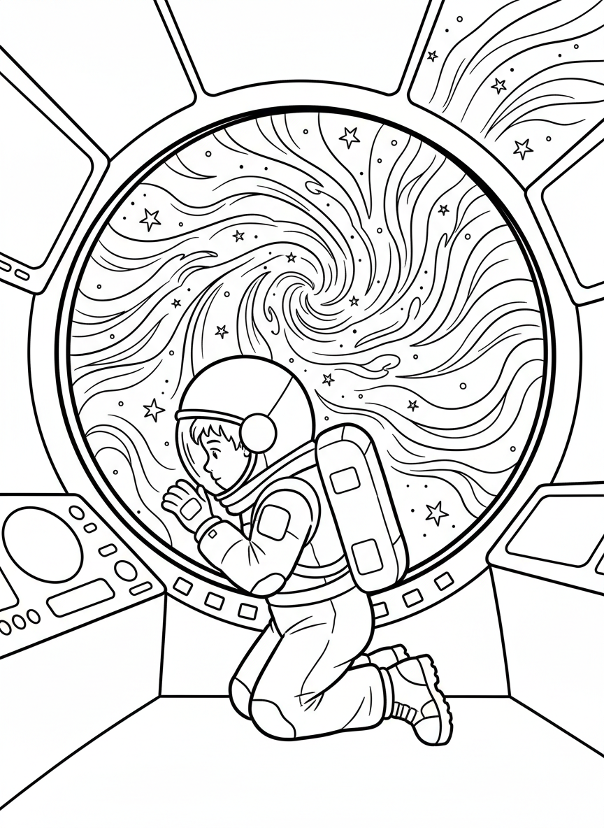 A child in an astronaut suit looking through a spacecraft window at a beautiful nebula cloud and distant stars