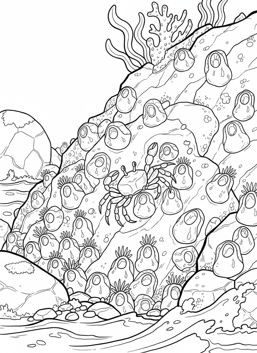 Barnacles on a rock with a small crab trying to eat them, showing the food chain in a gentle, educational way