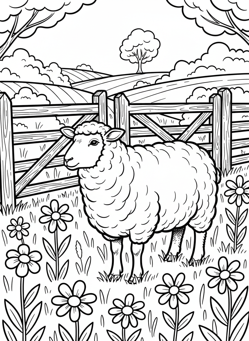 A sheep with fluffy wool standing in a pasture surrounded by wildflowers and a wooden gate.